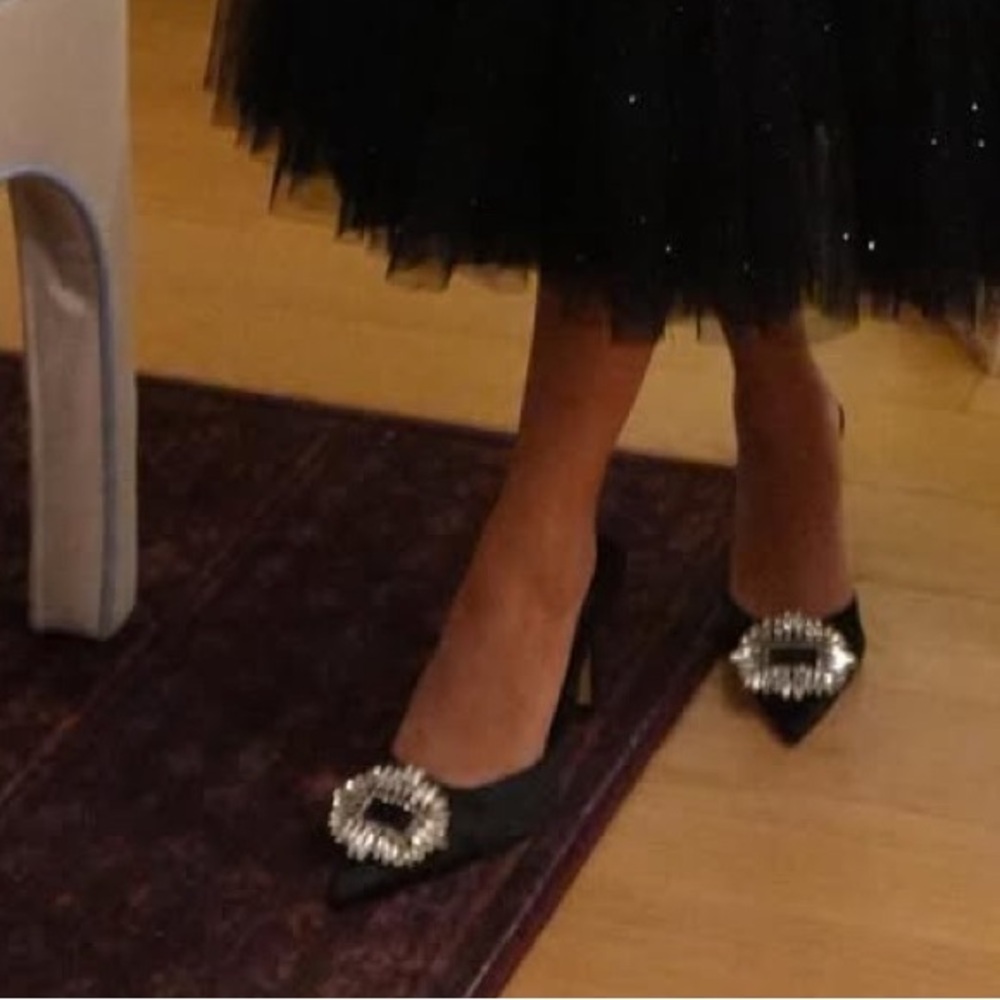 Good American Black Pointed Satin Mules with Crystal Buckle - Picture 4 of 10